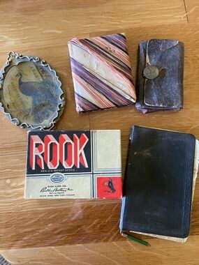 Antique Vintage Lot Rook Lady of the Lake Leather Wallet Peacock Glass Hanging